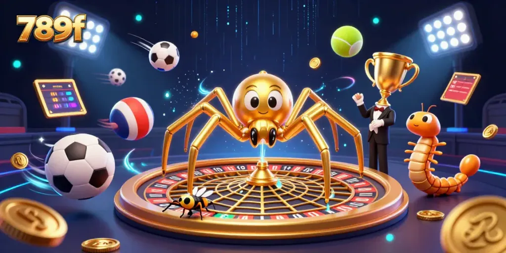 Engage with thrilling gameplay at 789f, where a golden spider spins a roulette wheel in an electric casino scene.