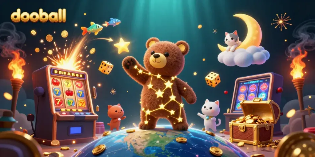 Watch dooball's thrilling gaming adventure with golden stars, coins, and a dynamic atmosphere.