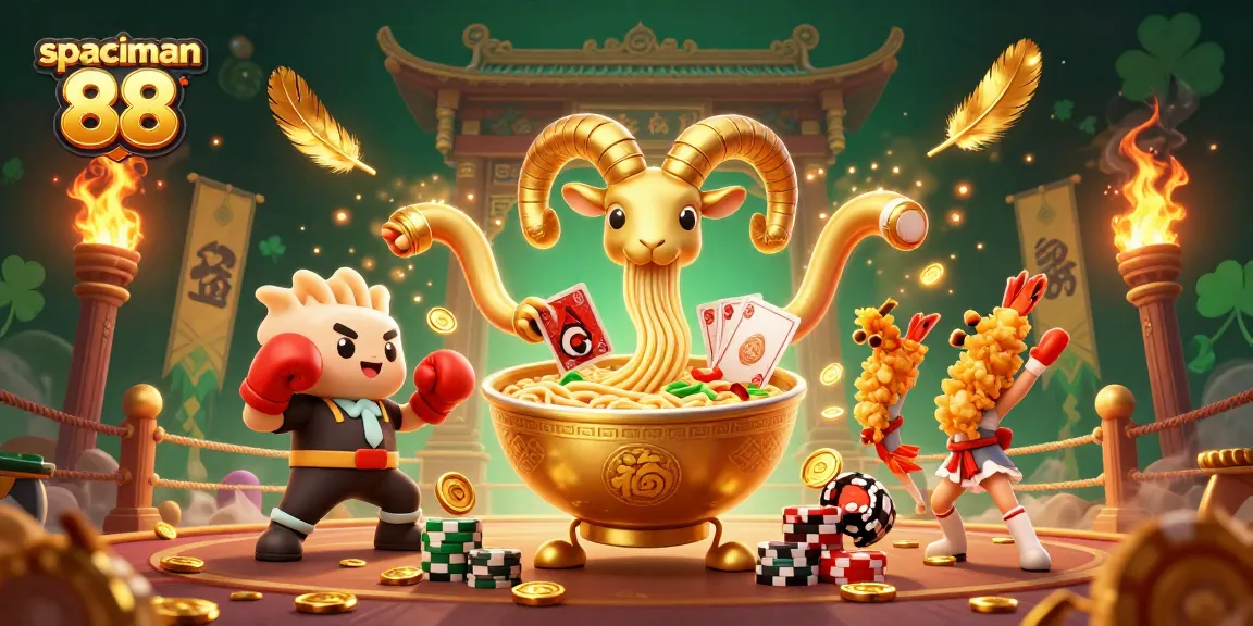 Engage with spaceman 88 in a dynamic casino scene featuring a giant golden ramen bowl and vibrant gambling elements.