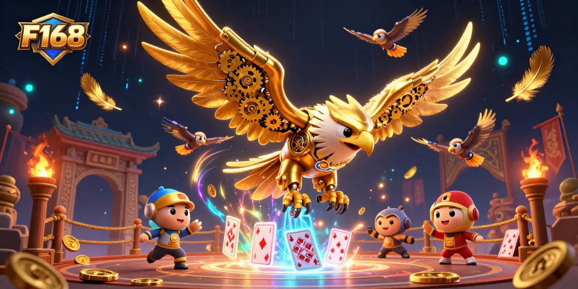 Engage in thrilling gameplay at F168 with vibrant 3D characters, golden eagle, and exciting casino elements.