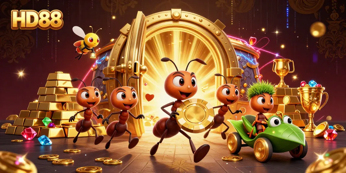 HD88 gaming ants carrying a giant poker chip in a heist scene filled with treasures.