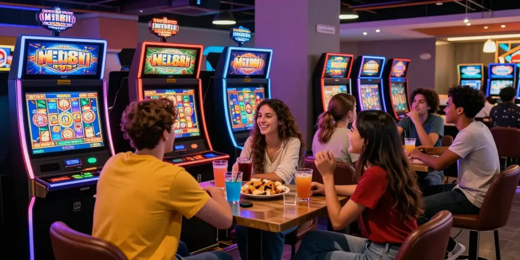 Exciting gaming scene with friends playing slot88 games in a vibrant lounge.