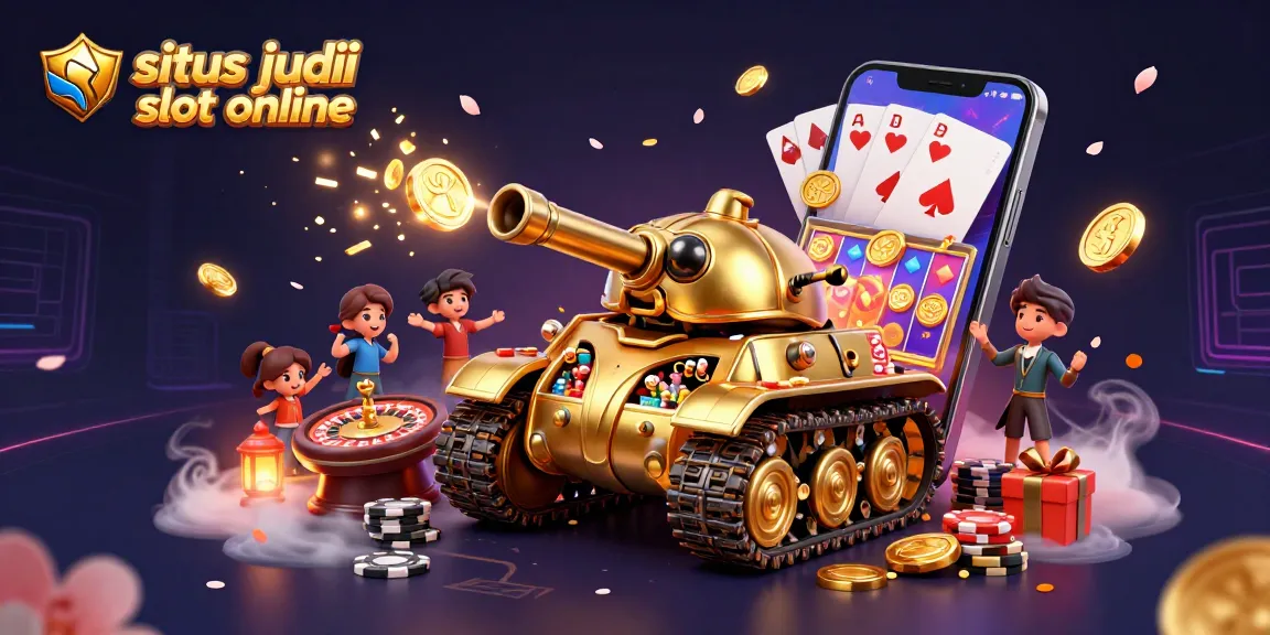 Permainan situs judi slot online yang menarik terlihat pada ilustrasi 3D penuh warna dengan kasino mini dan elemen permainan seru.