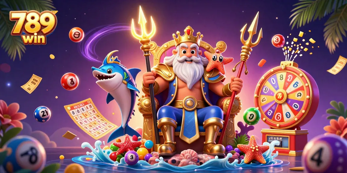 Engage in thrilling games with 789 win, featuring Neptune and magical lottery elements in a vibrant casino scene.