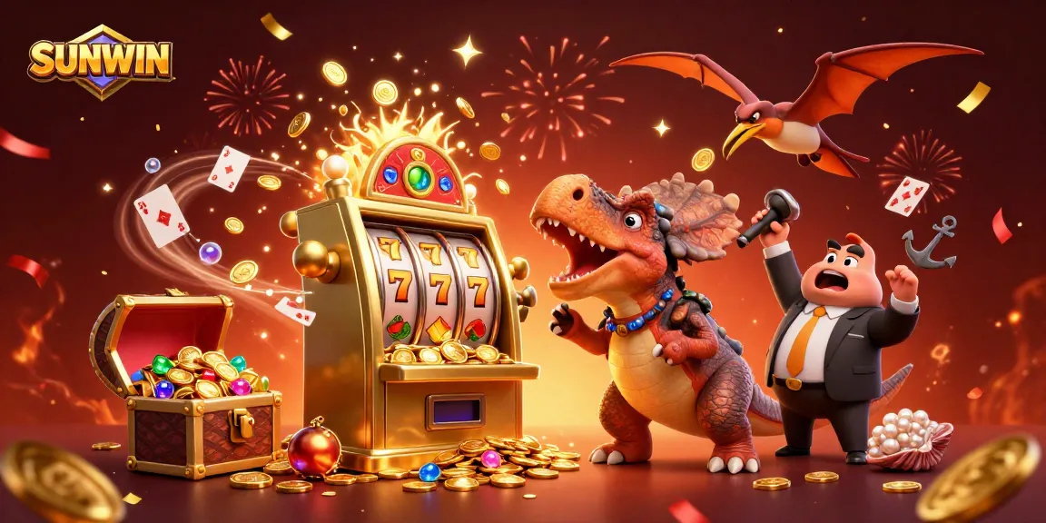 SUNWIN features a pachycephalosaurus headbutting a slot machine, with coins and celebratory effects surrounding the scene.