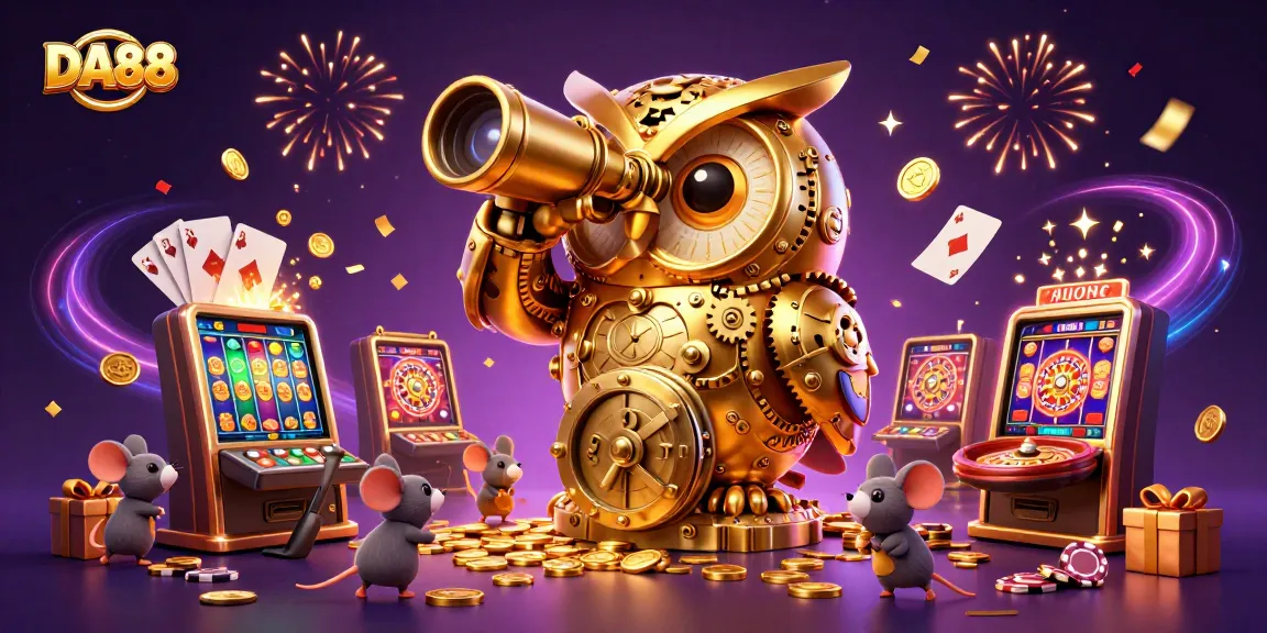 Experience excitement at DA88 with a playful golden owl and vibrant casino games.