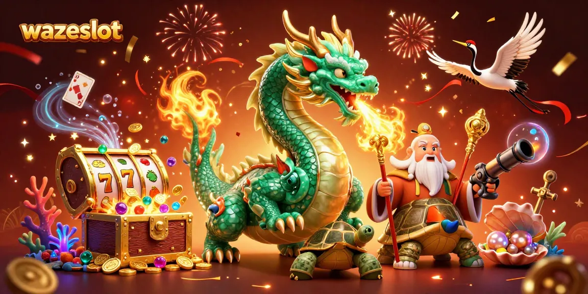Wazeslot features a vibrant 3D illustration of a jade dragon and casino elements bursting with excitement.