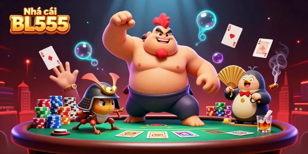 Engage with Nhà cái BL555 through an exciting 3D casino-themed illustration featuring dynamic gaming characters.