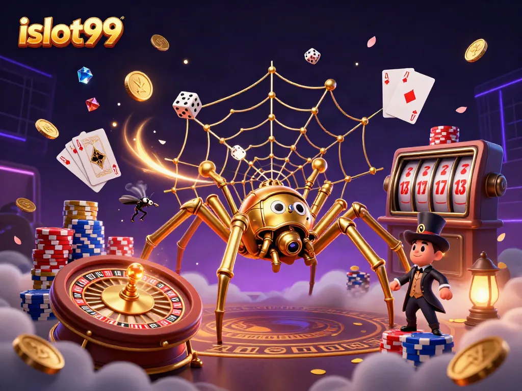 Experience the thrilling world of islot99, where a steampunk spider catches dice amidst a dazzling casino scene.