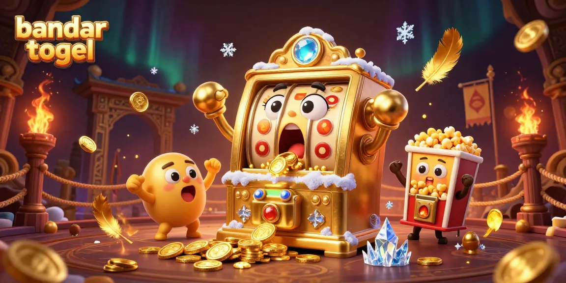 Bandar togel menampilkan mesin slot emas kartun dengan jackpot yang mengejutkan dan koin berjatuhan.