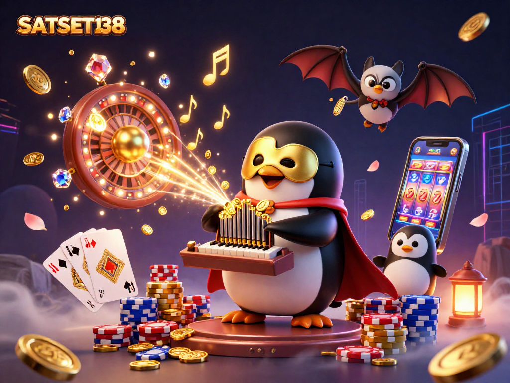 Permainan slot seru di SATSET138 dengan karakter penguin dan koin emas yang berjatuhan.