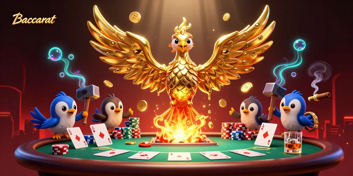 Baccarat phoenix emerging from molten gold, surrounded by poker elements and vibrant casino atmosphere.