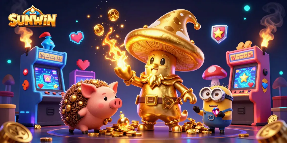 SUNWIN's magical casino scene showcasing a golden wizard, treasure-hunting pig, and gaming elements.