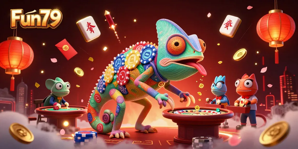 Experience the vibrant Fun79 casino with a chameleon casino owner amid illuminating game elements.