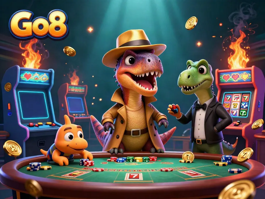 Engaging 3D cartoon scene of Go8 with a velociraptor card counter at a blackjack table.