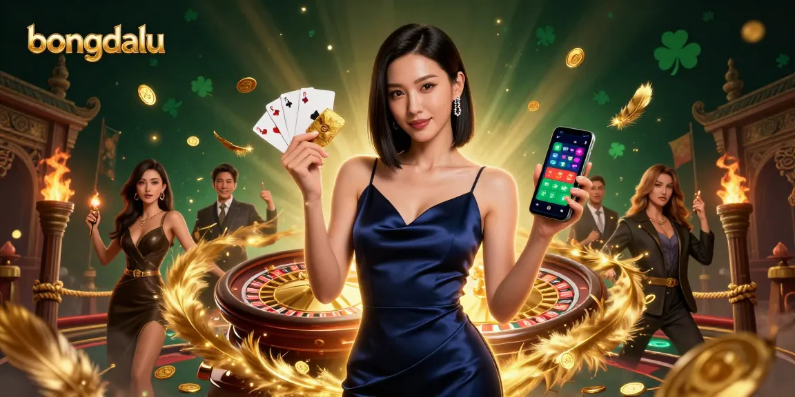 Bongdalu showcases a confident Asian woman in a luxurious setting, promoting interactive casino experiences with her smartphone.