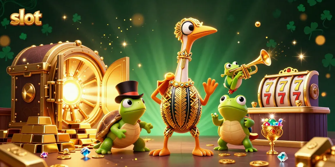 Engage in thrilling slot action amidst a vibrant 3D scene featuring playful characters and gemstone treasures.
