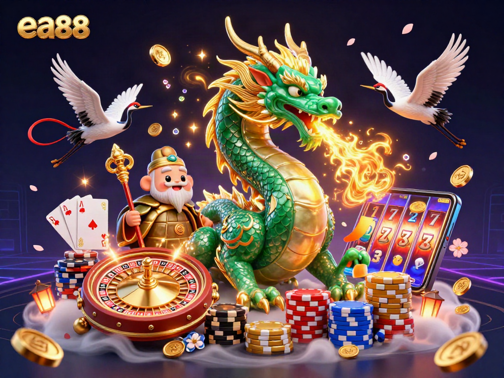 Experience the thrill of ea88 with a vibrant 3D illustration of a jade dragon, lucky cranes, and casino elements.