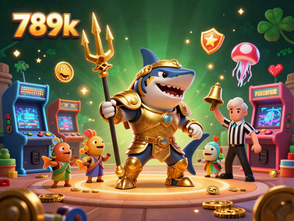 The 789k tiger shark gladiator triumphs in a vibrant underwater colosseum of arcade games.