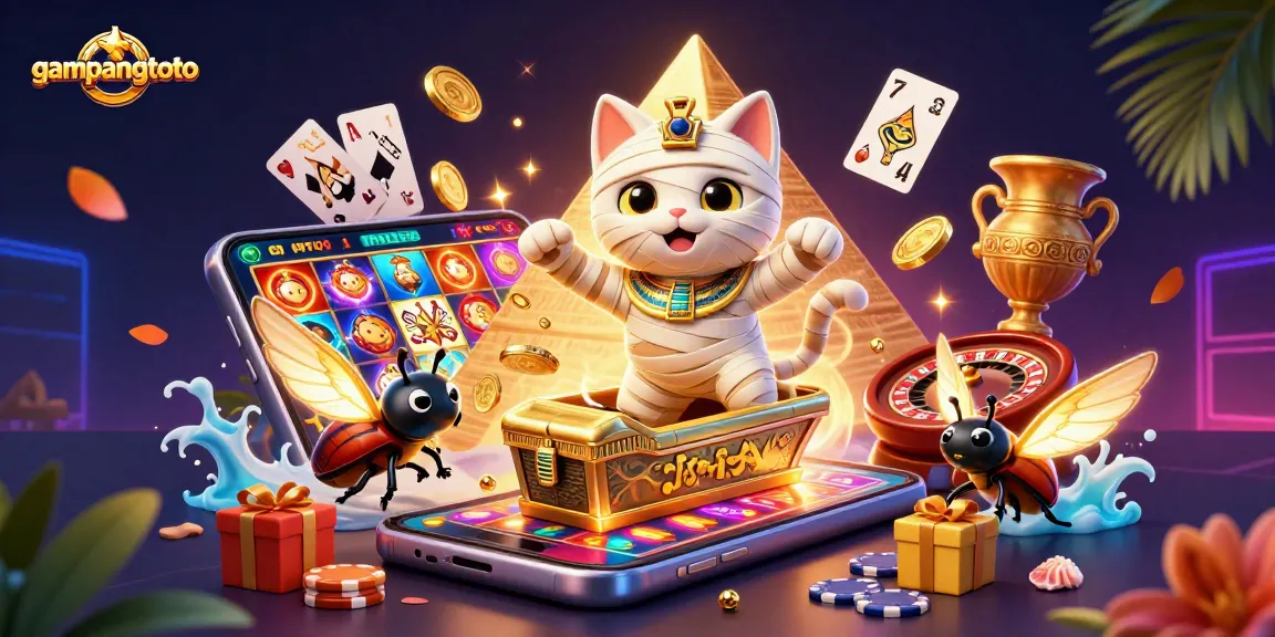 gampangtoto menghadirkan mumi kucing kartun dan elemen permainan kasino dalam ilustrasi 3D yang kaya detail