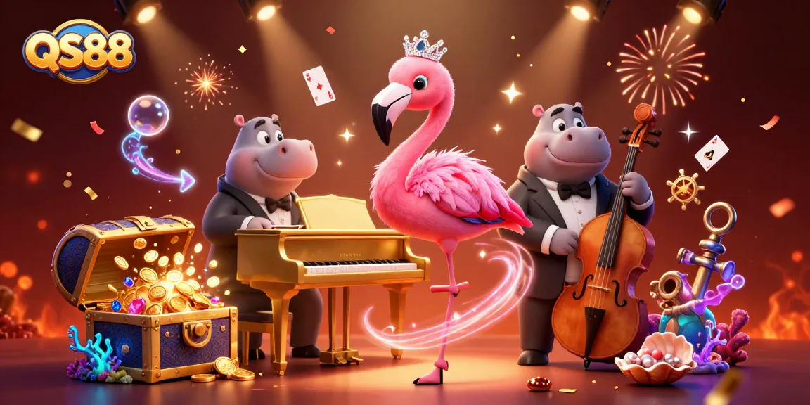 Experience thrilling wins at QS88 with vibrant casino elements and cartoon performers in an atmospheric illustration.