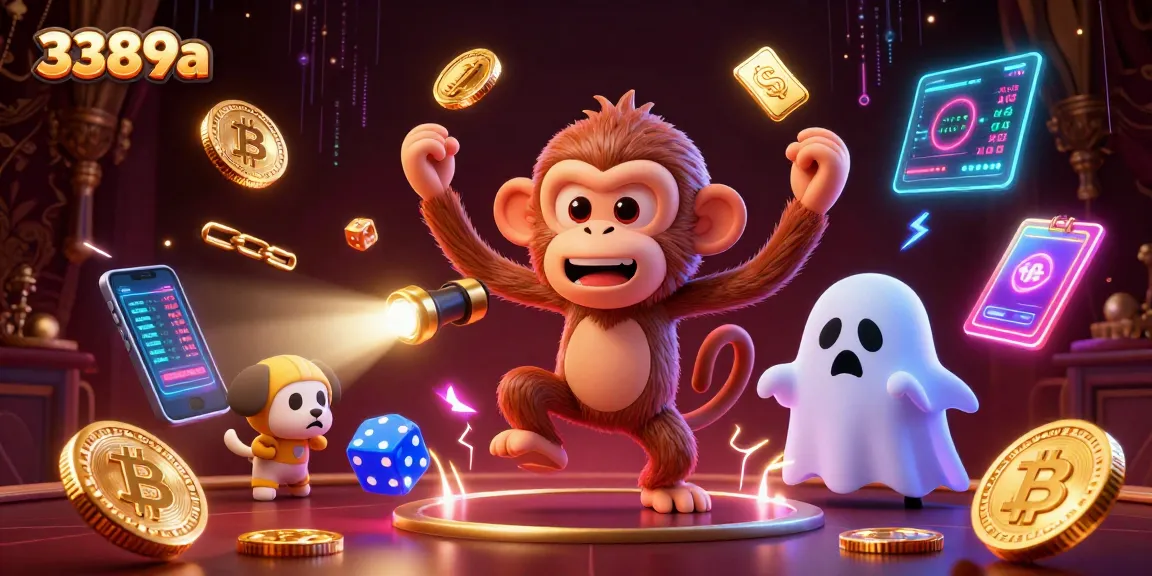 Engage with thrilling casino fun at 3389a featuring playful monkey juggling gold items.