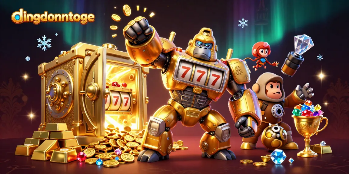 Experience the thrill of dingdongtoge with a dynamic 3D illustration of a slot machine gorilla mech surrounded by gold and jewels.