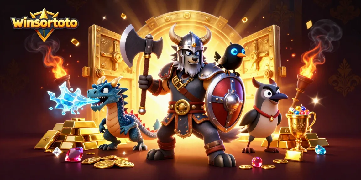 Win big with winsortoto at this vibrant cartoon casino scene featuring a Viking warrior.
