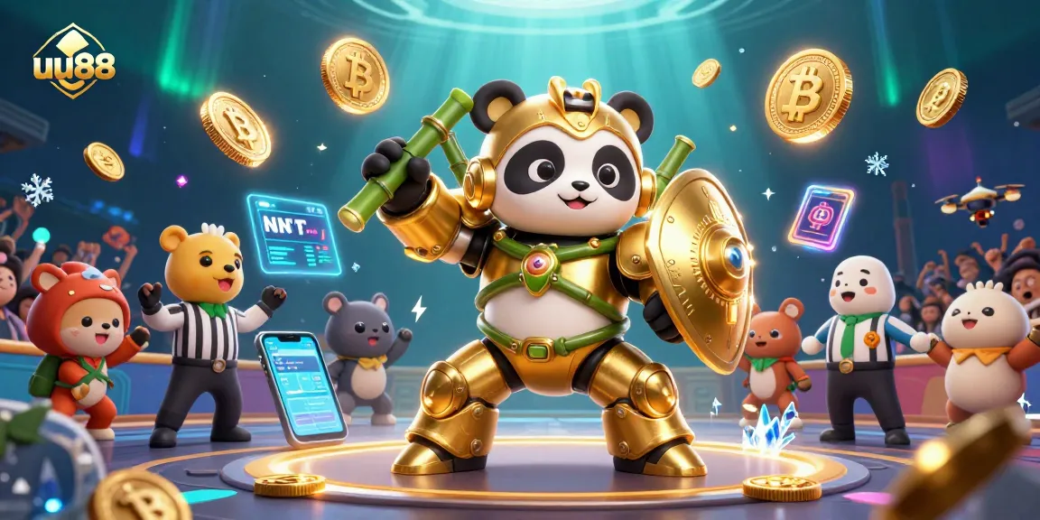 Engage in uu88's thrilling casino adventures with a golden panda mech warrior amidst crypto-rich environments.