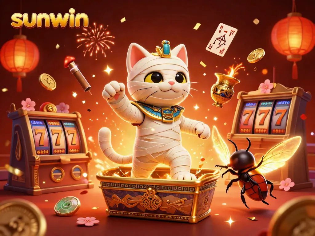 Engage with sunwin's vibrant slots experience featuring a mummy cat and scarab beetle amidst celebratory casino elements.