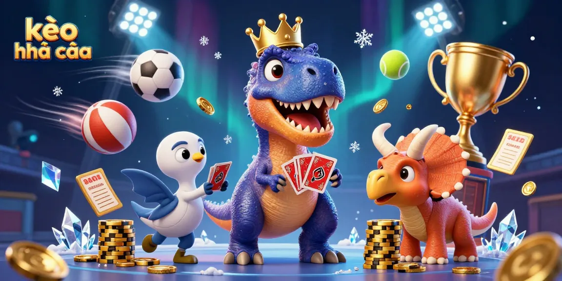 Bet on kèo nhà cái during a vibrant cartoon scene featuring a T-Rex, pterodactyl, and triceratops among sports elements.