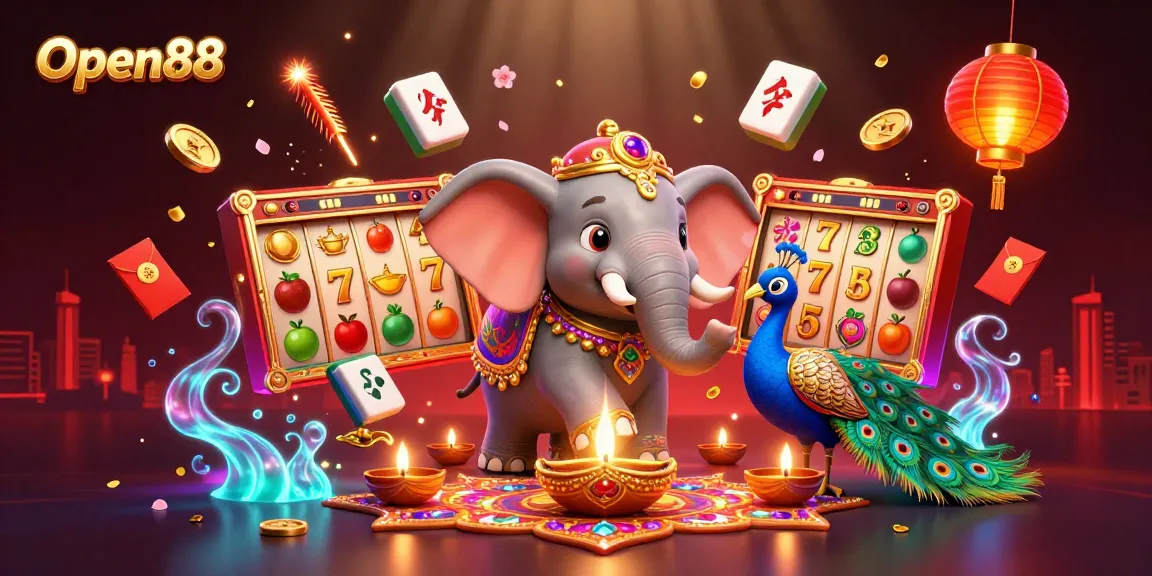 Spin to win at Open88 with vibrant slot reels and festive characters.