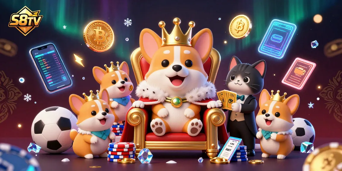 S8TV offers sports betting excitement with a vibrant 3D cartoon scene of royal corgis and crypto elements.