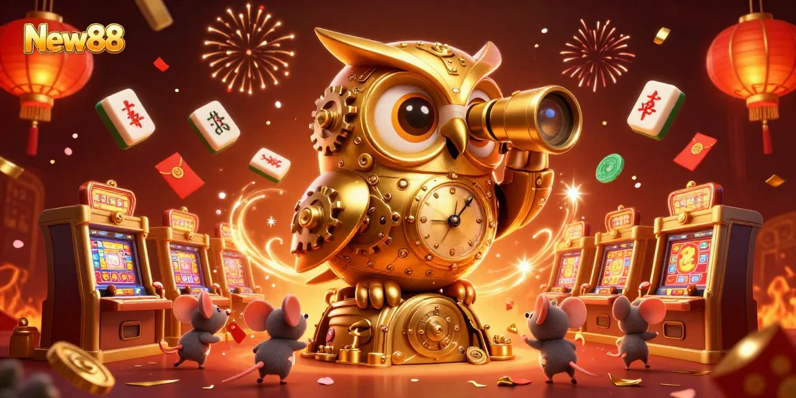 Engage in thrilling casino action with New88's immersive golden owl scene filled with exciting game elements.