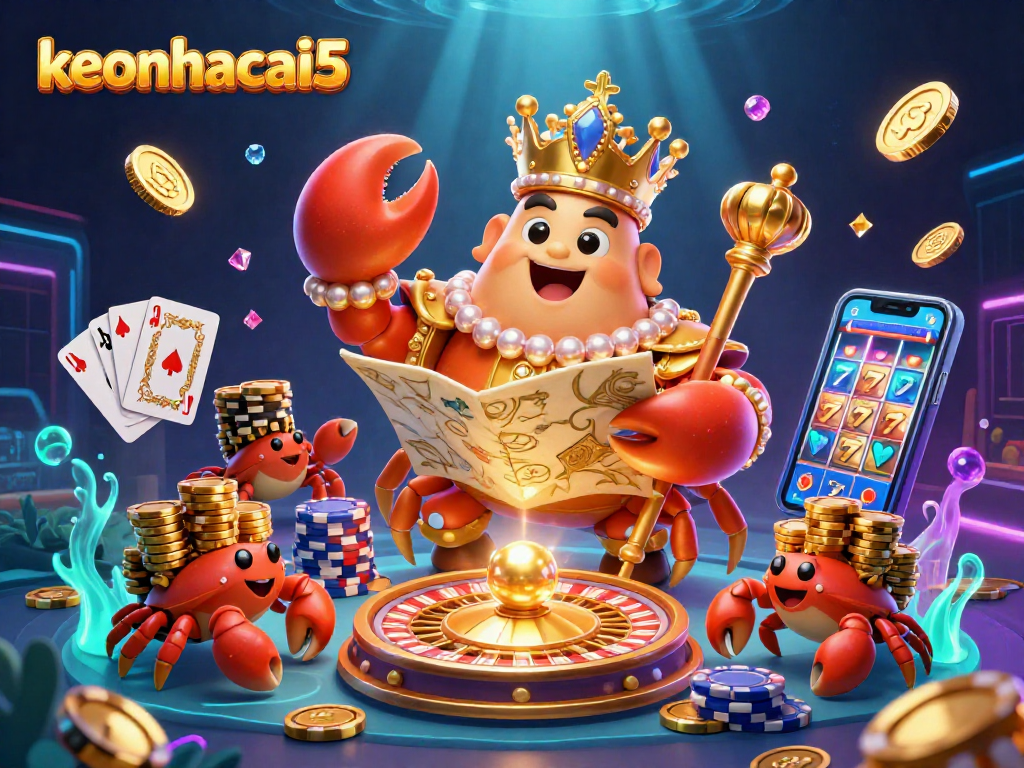 Experience the vibrant world of keonhacai5 with this dynamic underwater casino scene featuring a golden crab emperor.
