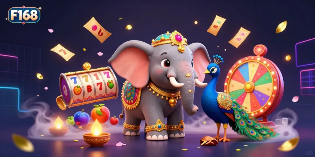 Engage with F168's vibrant gaming scene featuring a lucky elephant and dazzling casino elements.