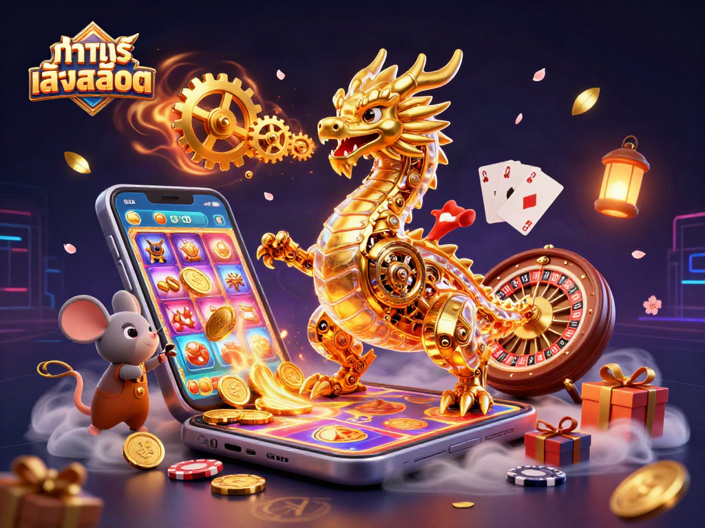 Play ทดลองเล่นสล็อต with a dazzling 3D scene featuring a biomechanical dragon amidst casino elements.