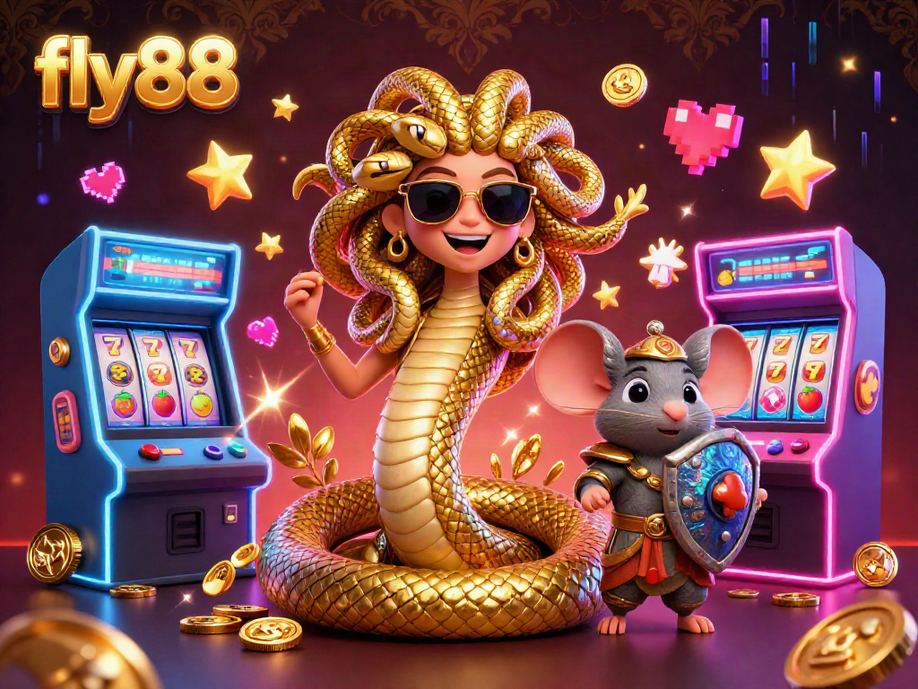 Win big with fly88 featuring Medusa and a warrior mouse in a vibrant casino arcade scene.
