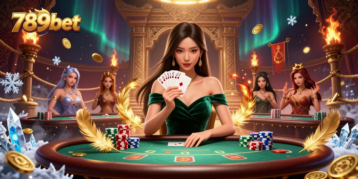 Experience the thrill of poker at 789bet with a stunning Asian woman in emerald velvet at a luxurious table.
