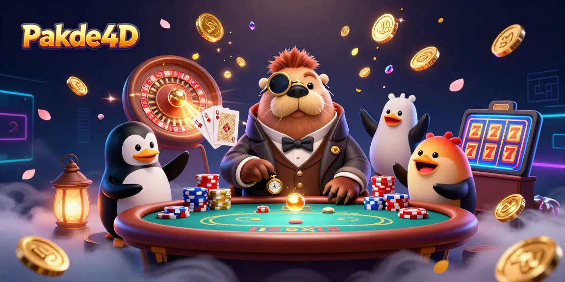 Pakde4D showcases an underwater poker game scene with a unique walrus, penguin dealer, and pufferfish amidst vivid casino elements.