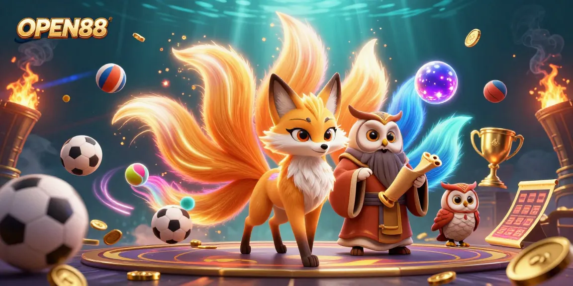 Experience immersive betting strategies with OPEN88's vibrant casino illustration featuring a mystical fox and owl.