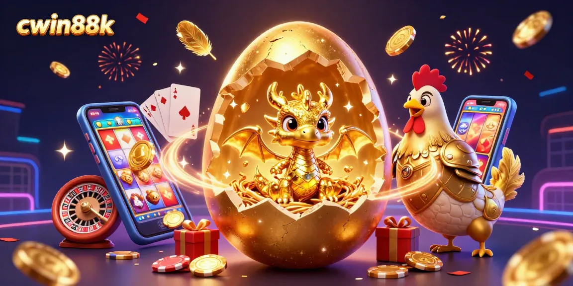 Cwin88k showcases a thrilling casino scene with a golden dragon amidst vibrant gaming elements and festive decorations.
