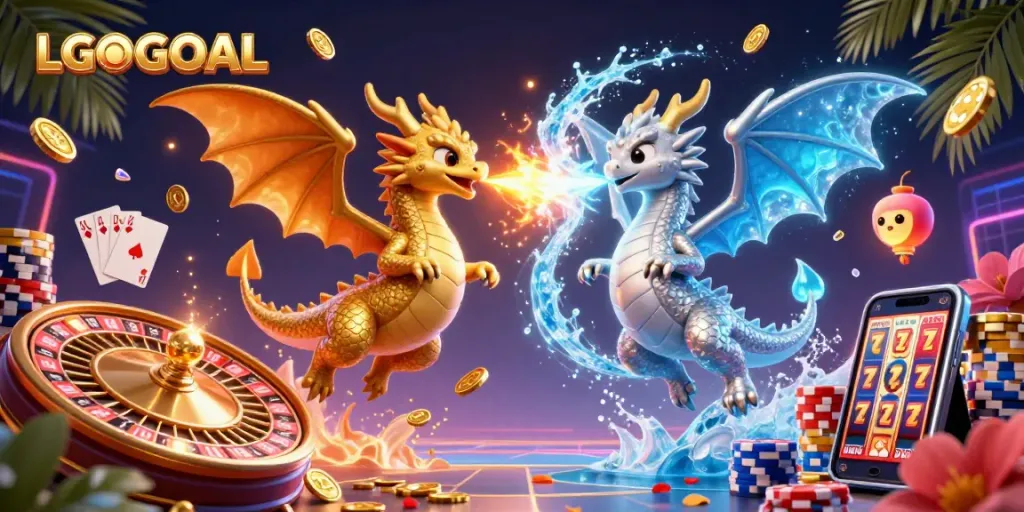 Experience thrilling gameplay with LGOGOAL, featuring dynamic dragons, sparkling gems, and vibrant casino elements.