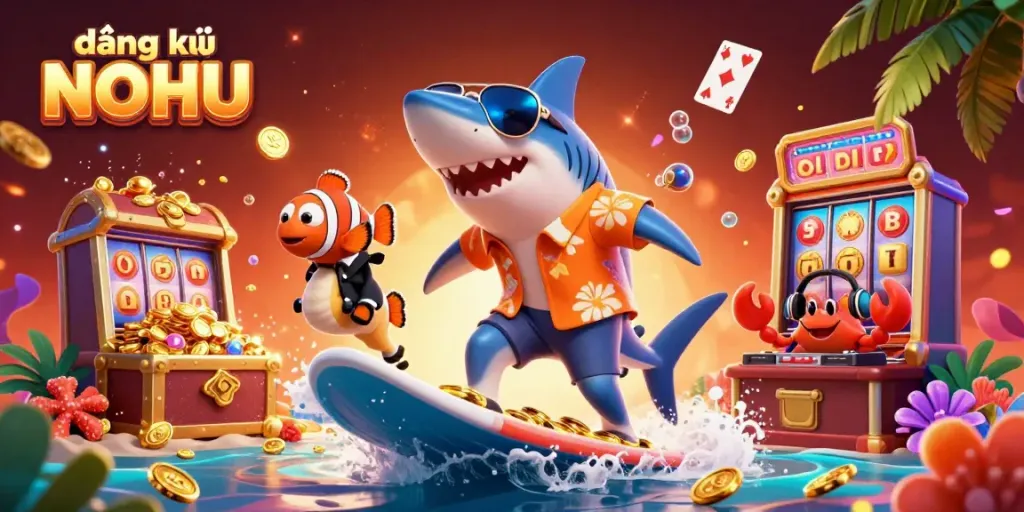 Engaging scene showcasing đăng ký NOHU with a shark and clownfish in a vibrant casino-themed ocean.