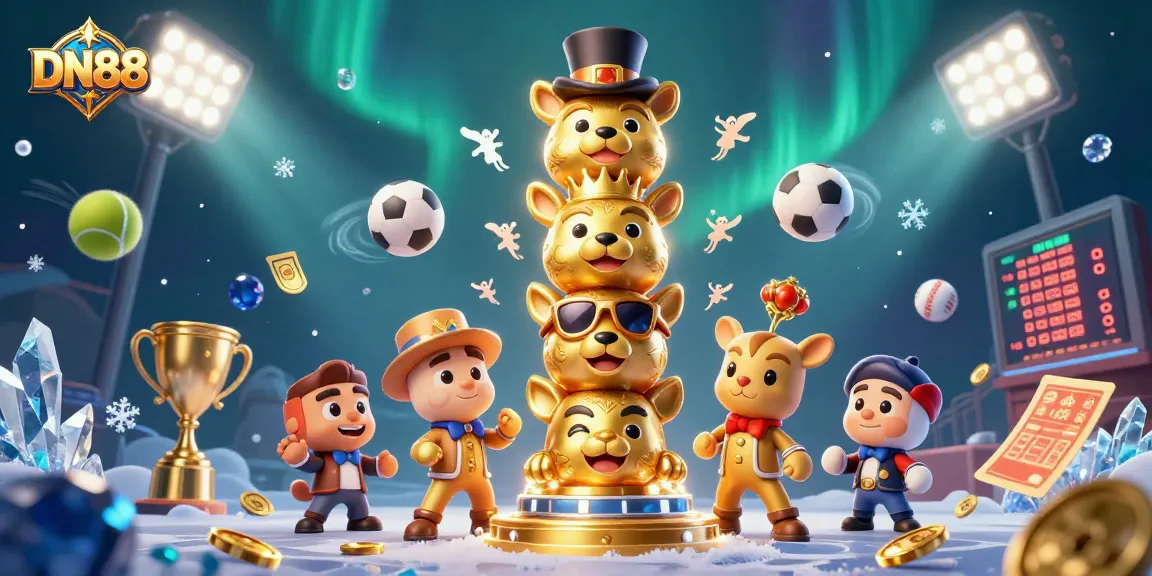 Experience exhilarating games at DN88 with a lively 3D scene featuring a golden totem and sports elements.