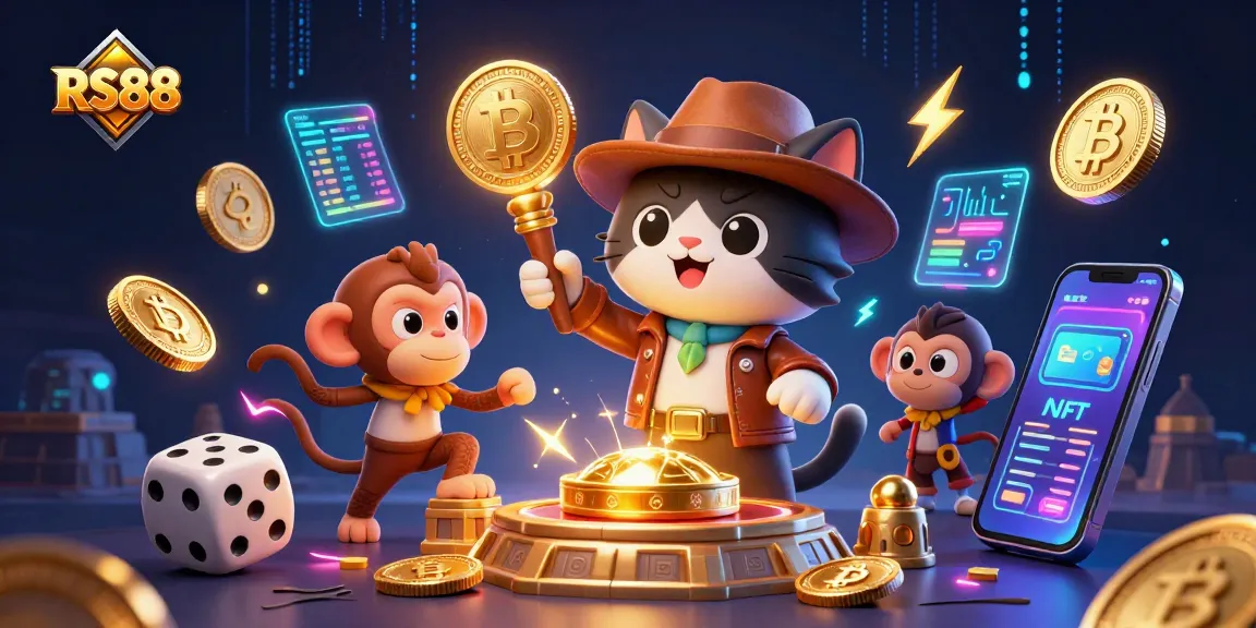 RS88 showcases an explorer cat discovering a golden casino artifact amidst vibrant digital elements.