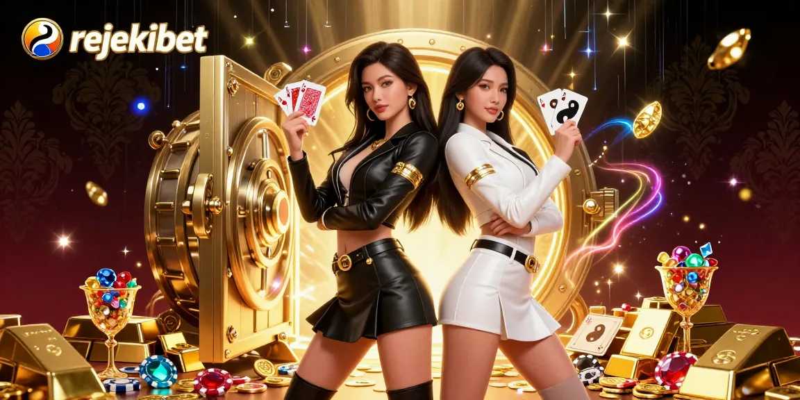 Experience thrilling gameplay with rejekibet, featuring twin Asian women in a stunning casino scene full of gold and treasures.