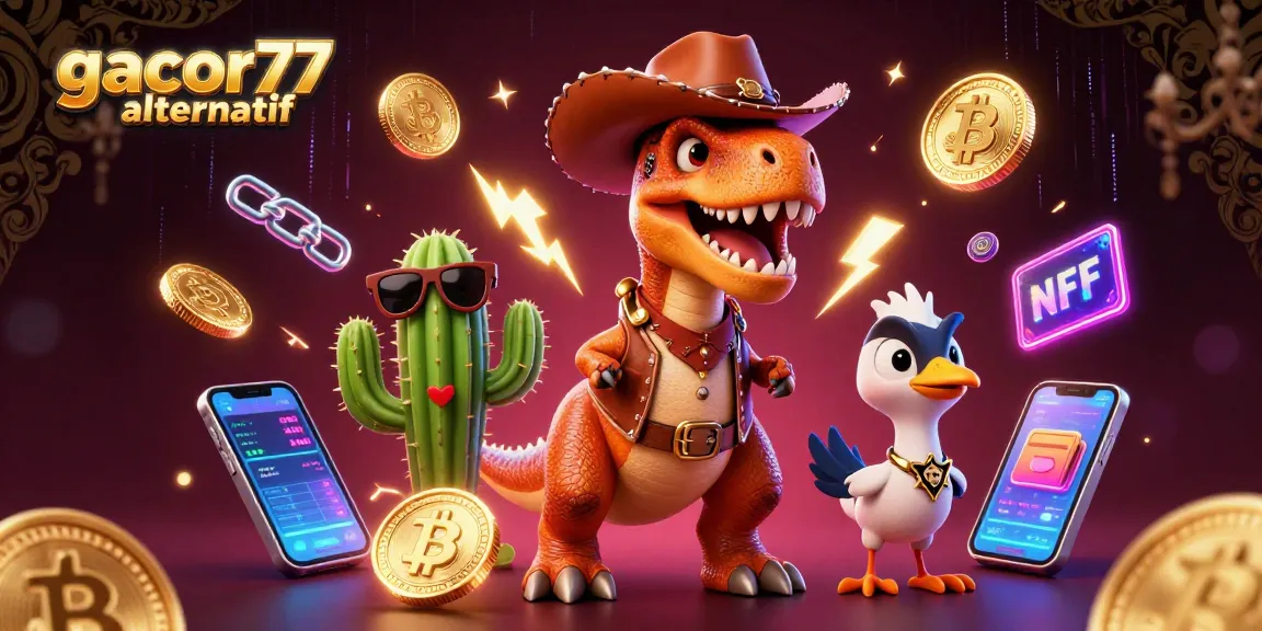 Gacor77 alternatif menampilkan permainan kasino dengan dinosaurus cowboy dan karakter lucu dalam ilustrasi 3D