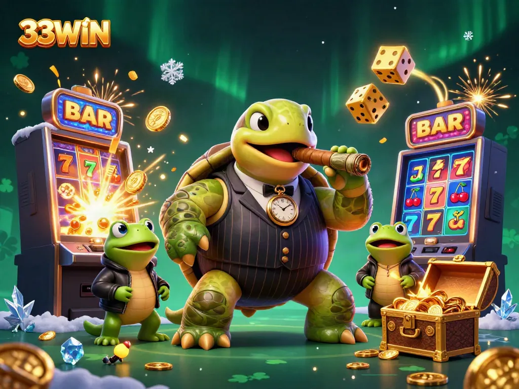 Experience thrilling wins with 33WIN's vibrant casino scene featuring a massive turtle in a vintage suit.