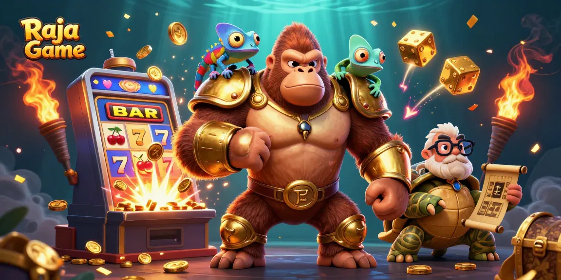 Experience excitement at Raja Game with epic characters and jackpot symbols in a vibrant casino scene.
